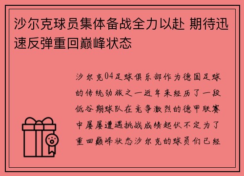 沙尔克球员集体备战全力以赴 期待迅速反弹重回巅峰状态