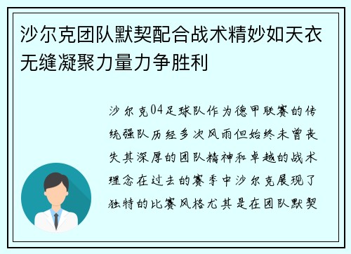 沙尔克团队默契配合战术精妙如天衣无缝凝聚力量力争胜利 沙尔克团队默契配合战术精妙如天衣无缝凝聚力量力争胜利
