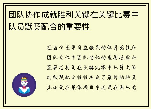 团队协作成就胜利关键在关键比赛中队员默契配合的重要性